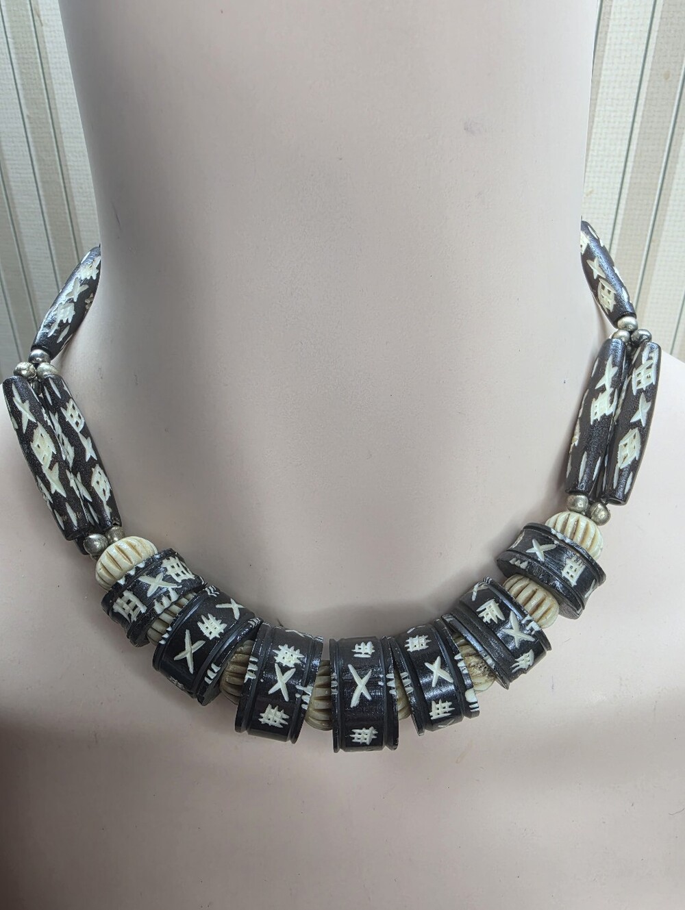 Carved Bone Tribal Statement Necklace 16" Black Ivory Boho Artisan